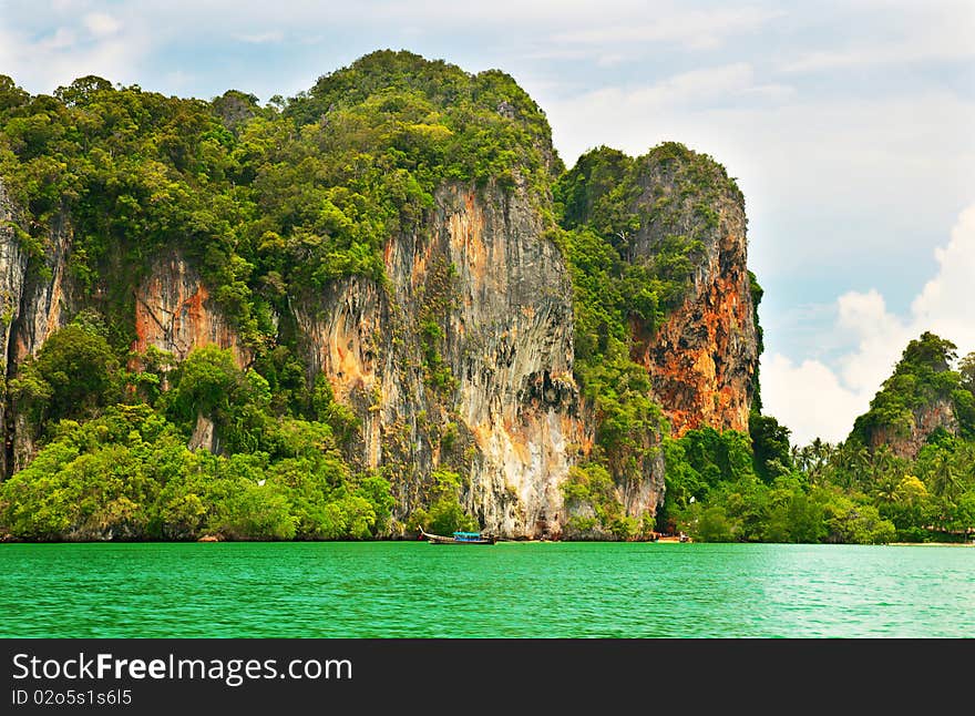 High cliffs on the tropical island. Exotic tropical landscape.