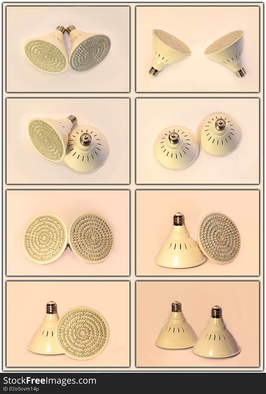 Two LED lights, lie on a white background. A collage of eight photographs.