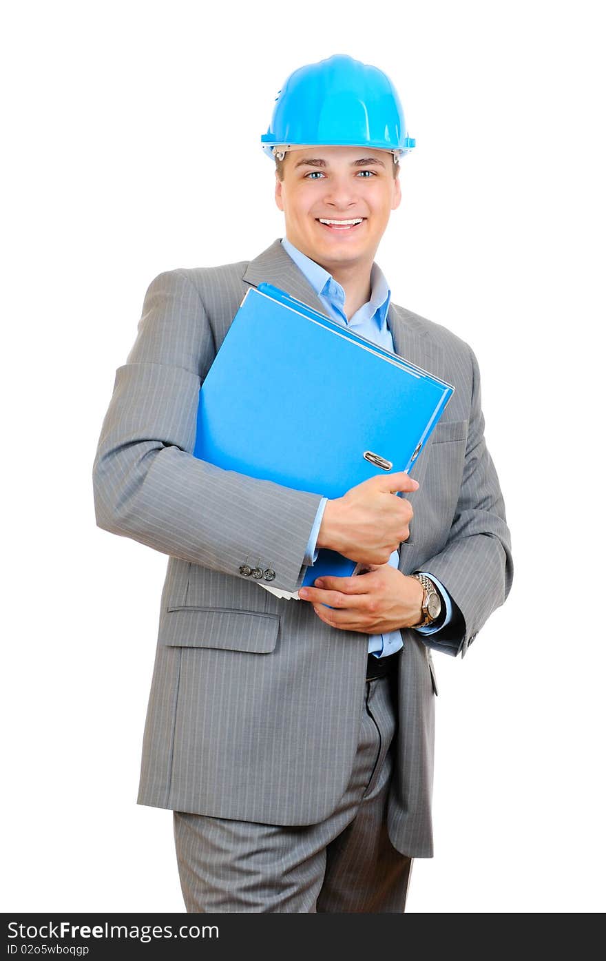 Engineer with blue hard hat holding folder isolated on white background. Engineer with blue hard hat holding folder isolated on white background