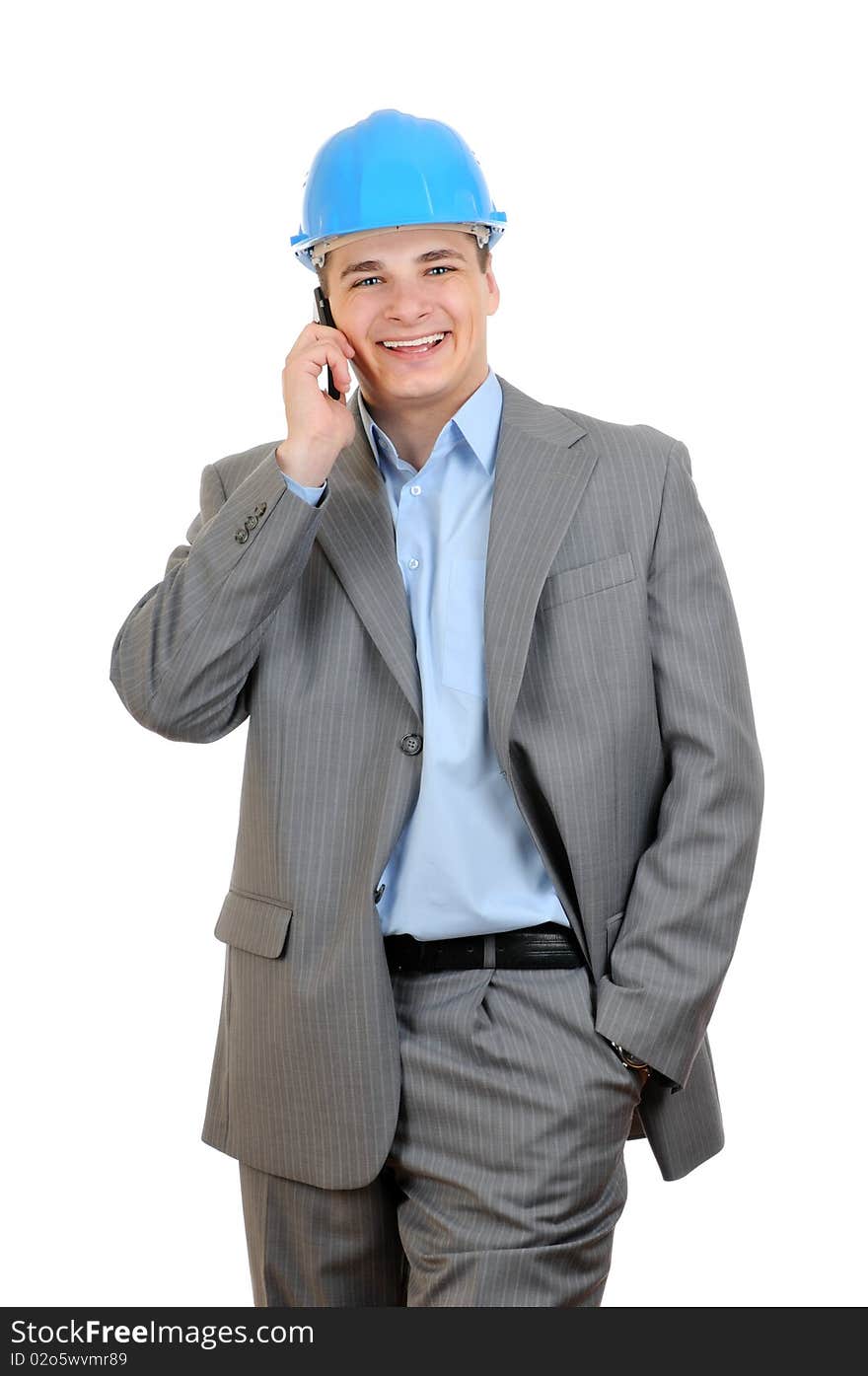 Man talking with cell phone isolated on white background. Man talking with cell phone isolated on white background