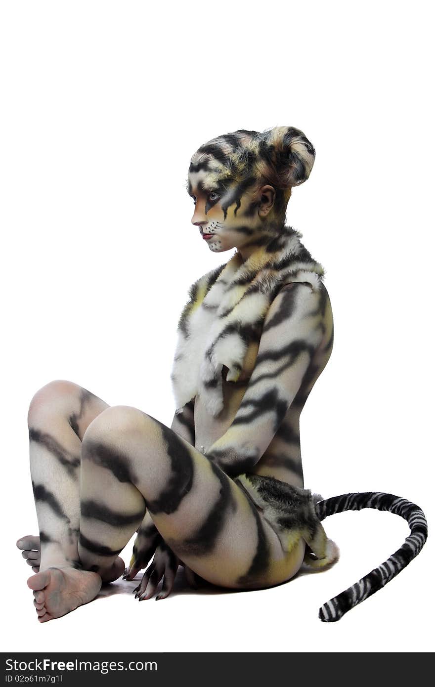 Body-art: White tigress. Studio shot.