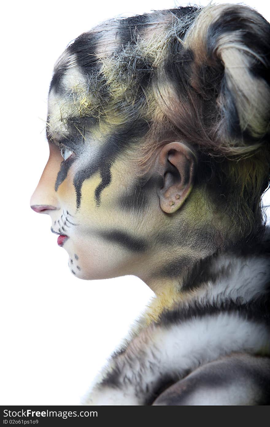 Body-art: White tigress. Studio shot.