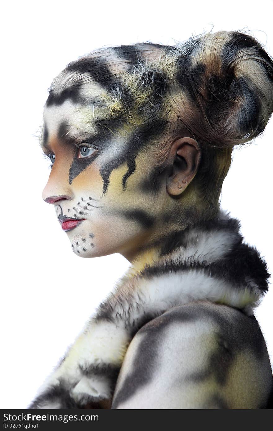 Body-art: White tigress. Studio shot.