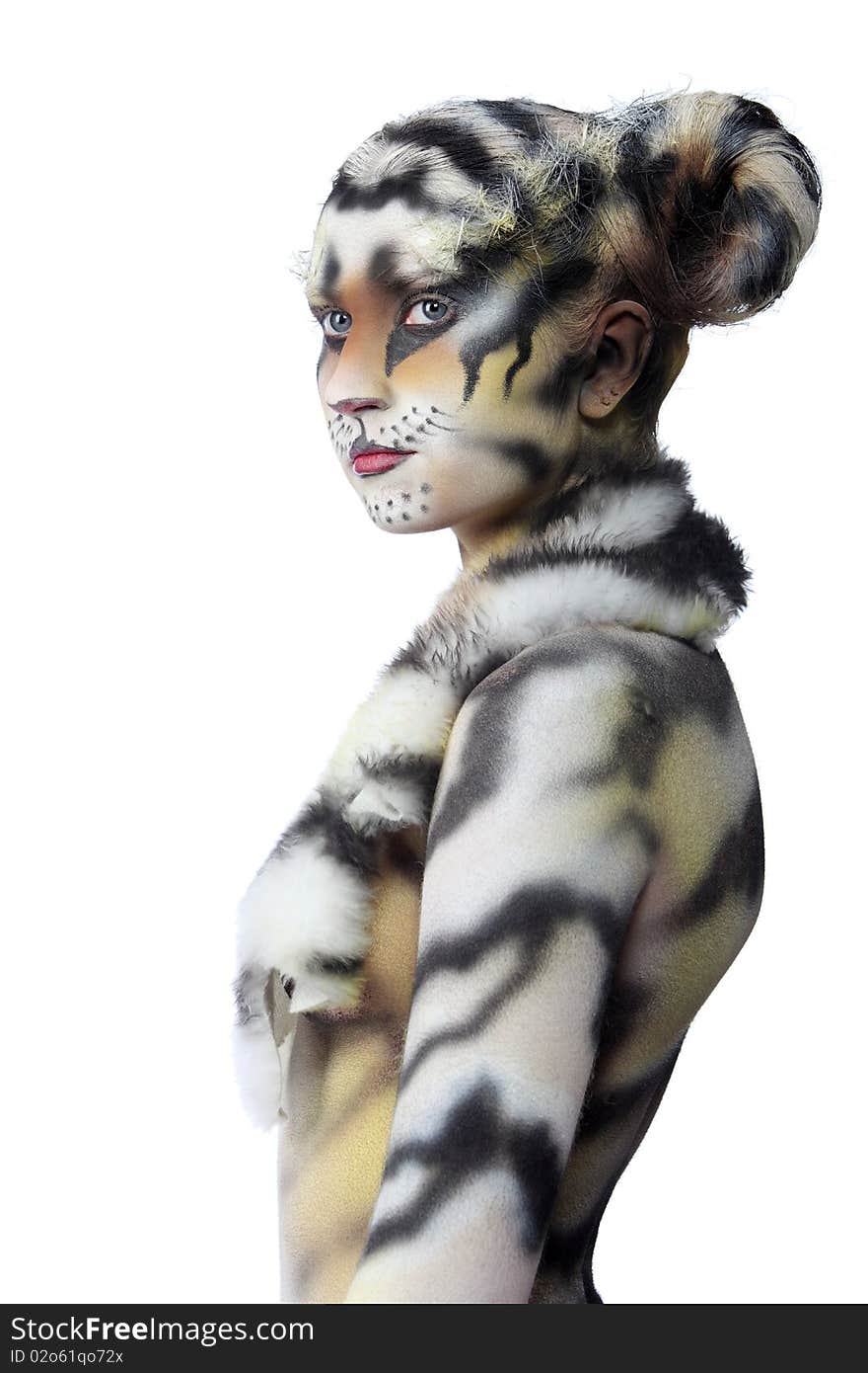 Body-art: White tigress. Studio shot.