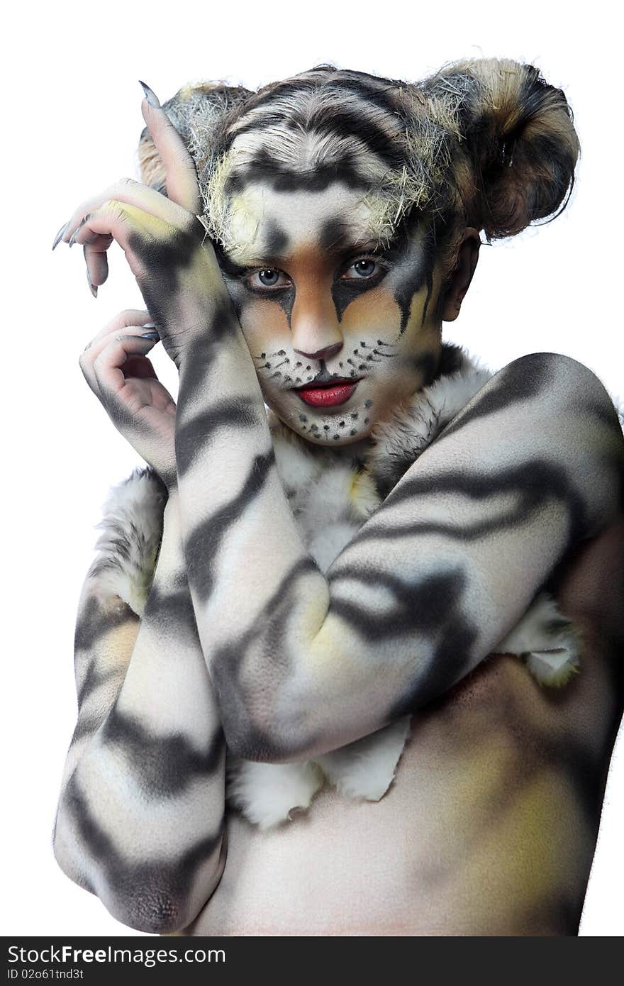 Body-art: White tigress. Studio shot.