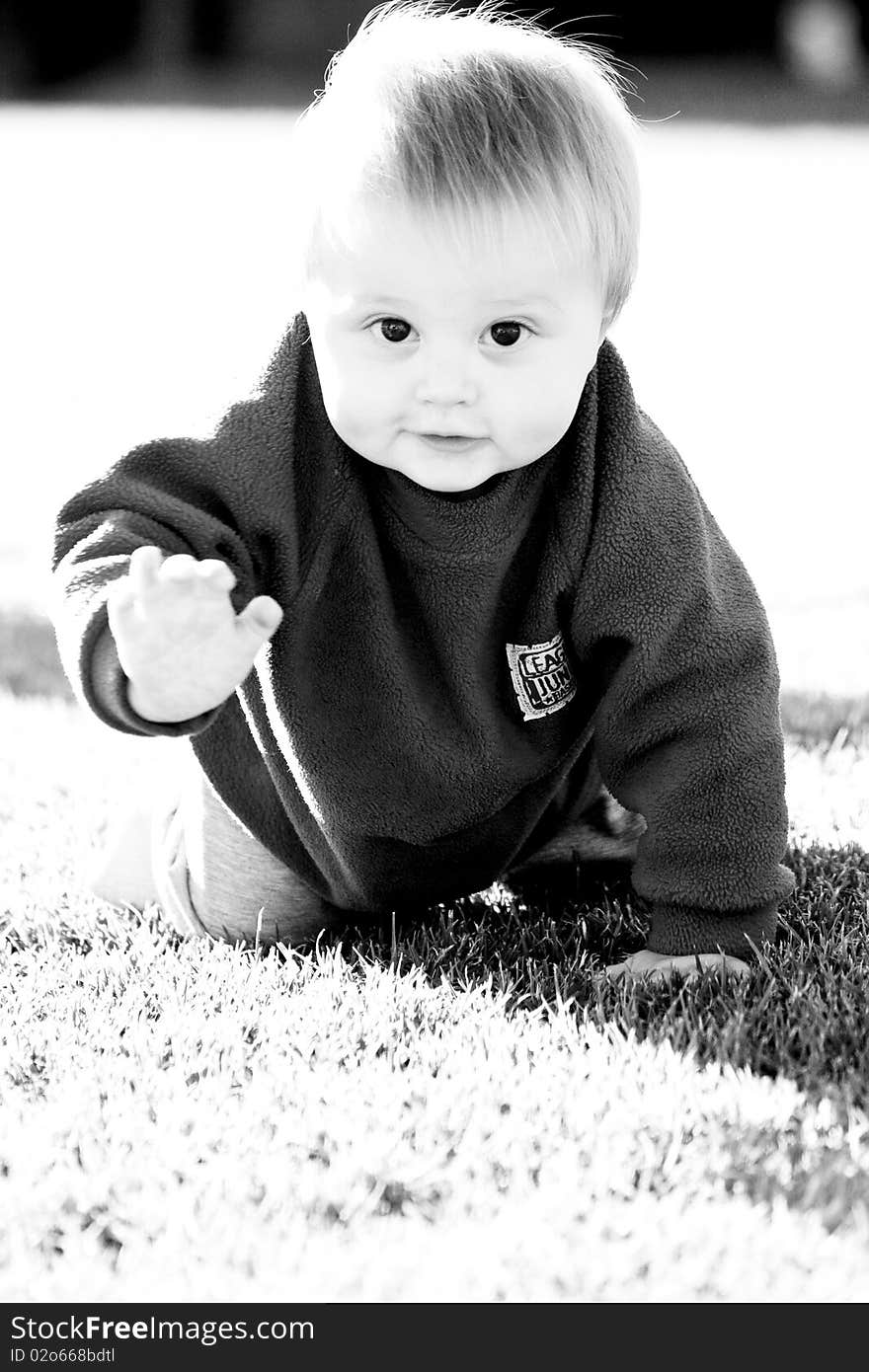 Baby crawling on a sunny day in black & white