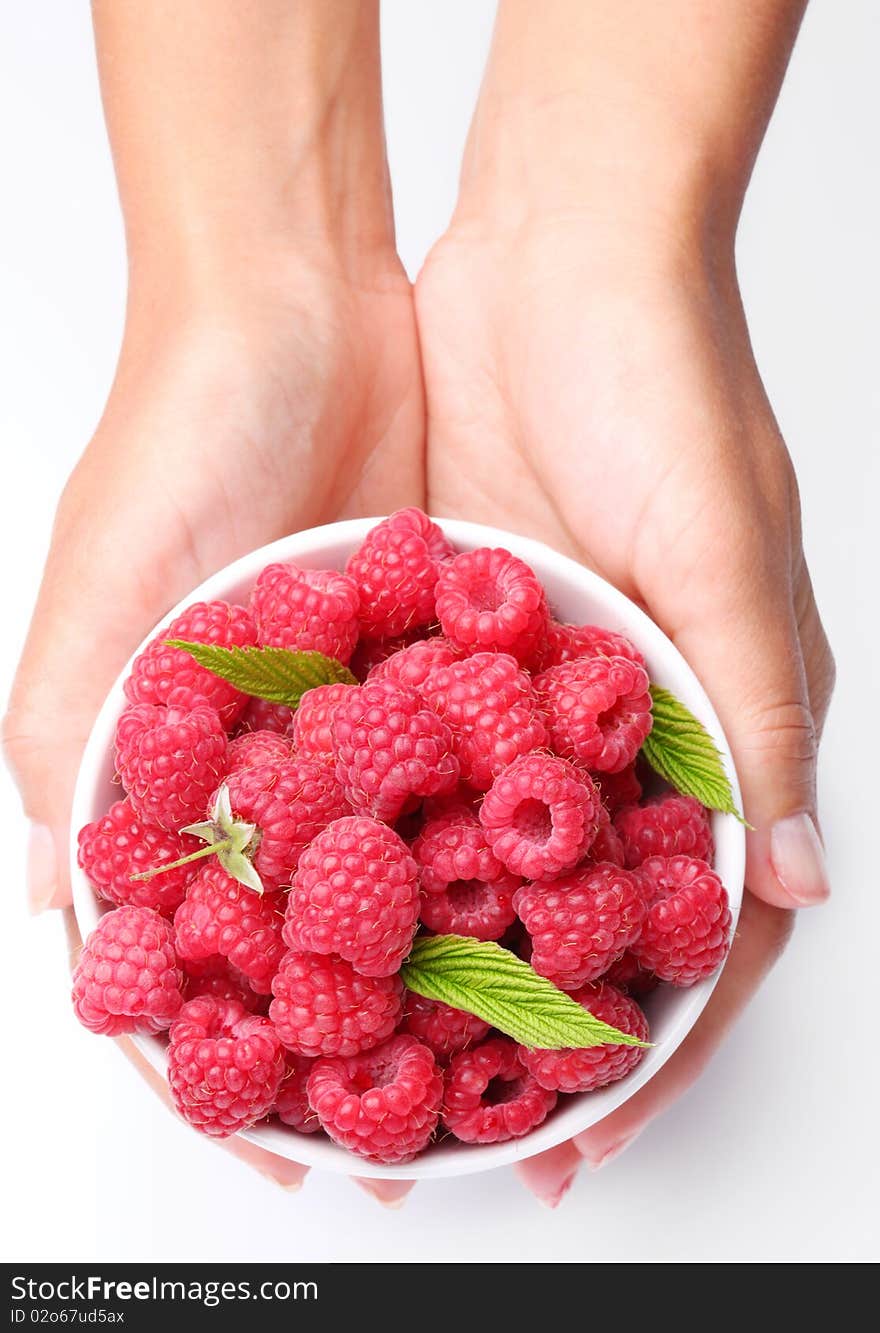 Crockery with raspberries in woman hands. Isolated on a white background.