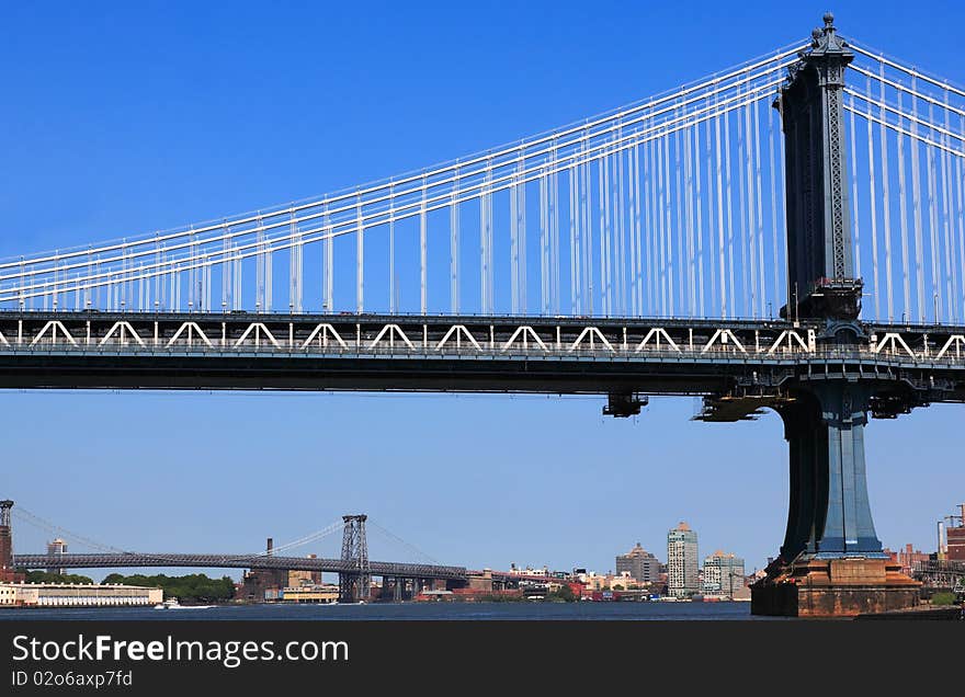 New York City bridge and Hudson river. black & white