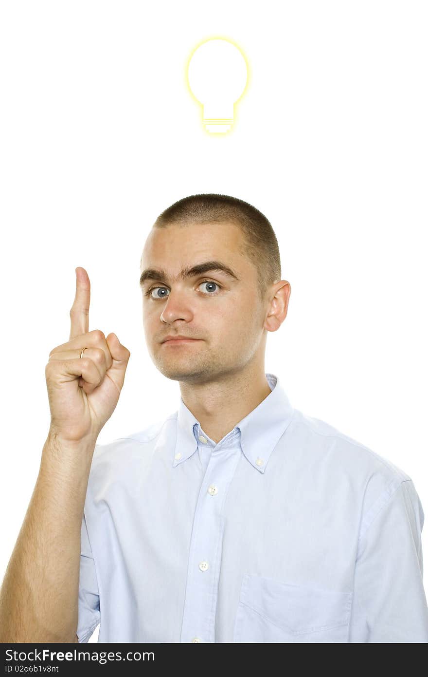 Portrait of a young businessman, inspired by the idea. Above his head painted lamp. Portrait of a young businessman, inspired by the idea. Above his head painted lamp