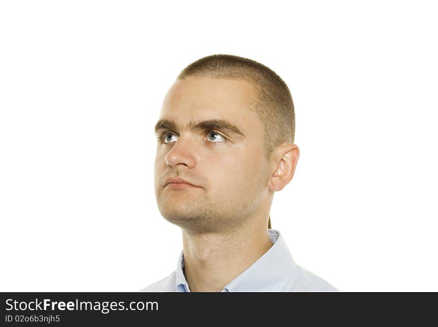 Young man from a businessman in a blue shirt on a white background. Young man from a businessman in a blue shirt on a white background