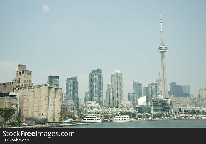 Toronto skyline the old and the new on a hazy summer day