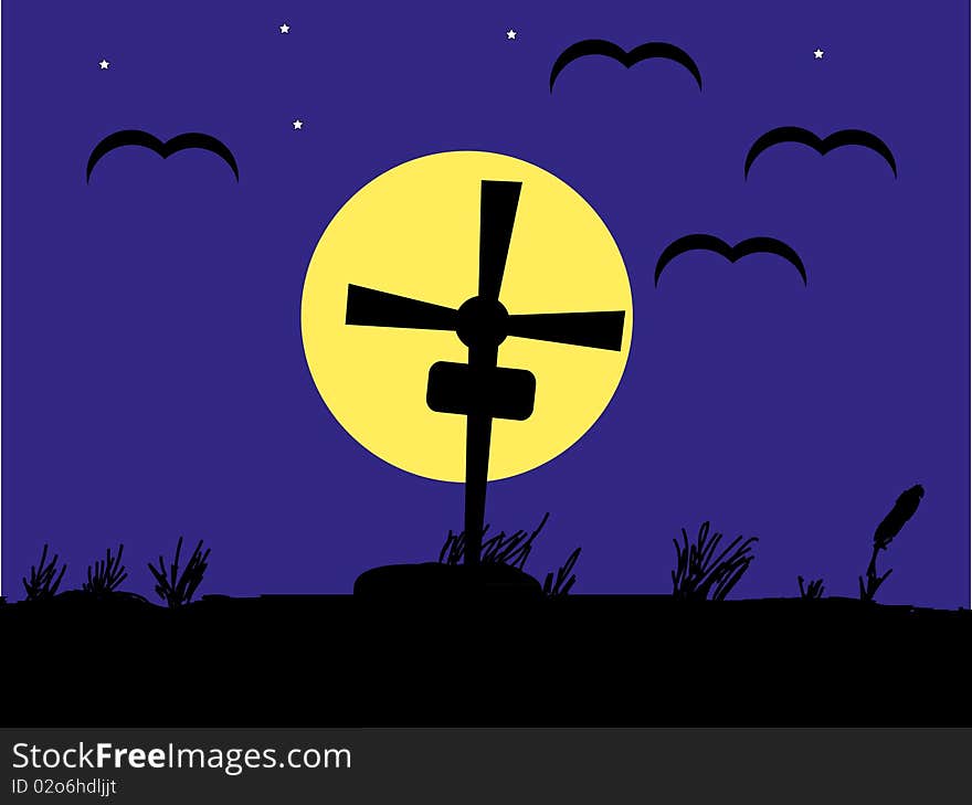 Night cemetery with black tomb against the dark blue sky with bats and bright stars. Night cemetery with black tomb against the dark blue sky with bats and bright stars