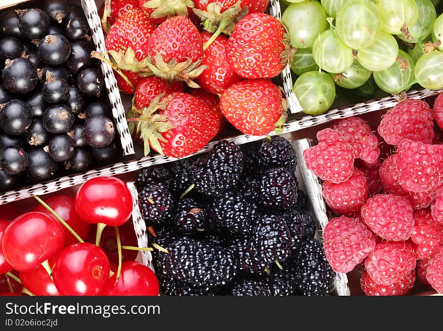 Different colourful berries in the box. Different colourful berries in the box