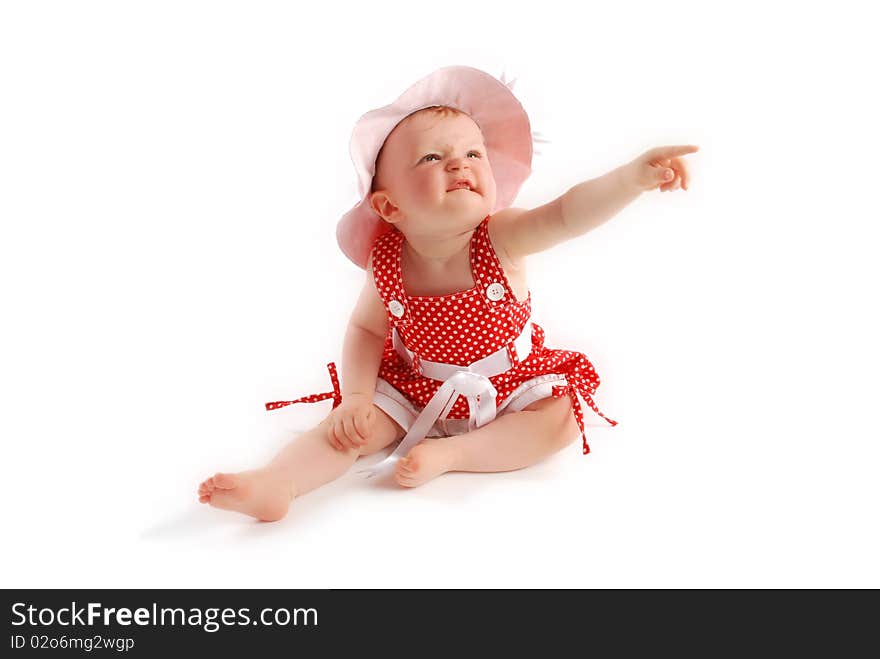 Little baby girl in red dress and hat. Little baby girl in red dress and hat