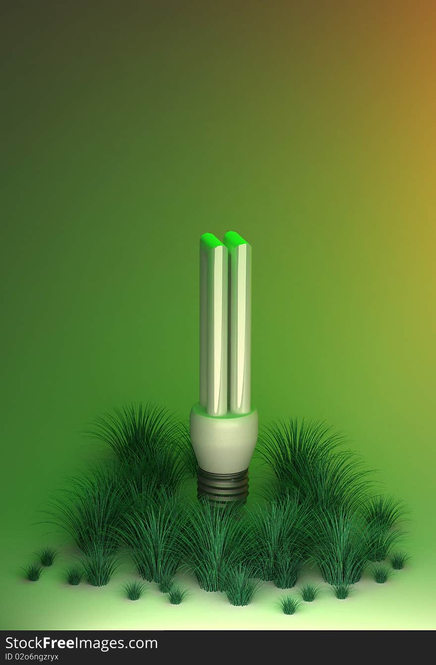Concept for environment friendly light bulbs. around the economic bulb grows new green grass suggesting that this is a nature friendly light source.