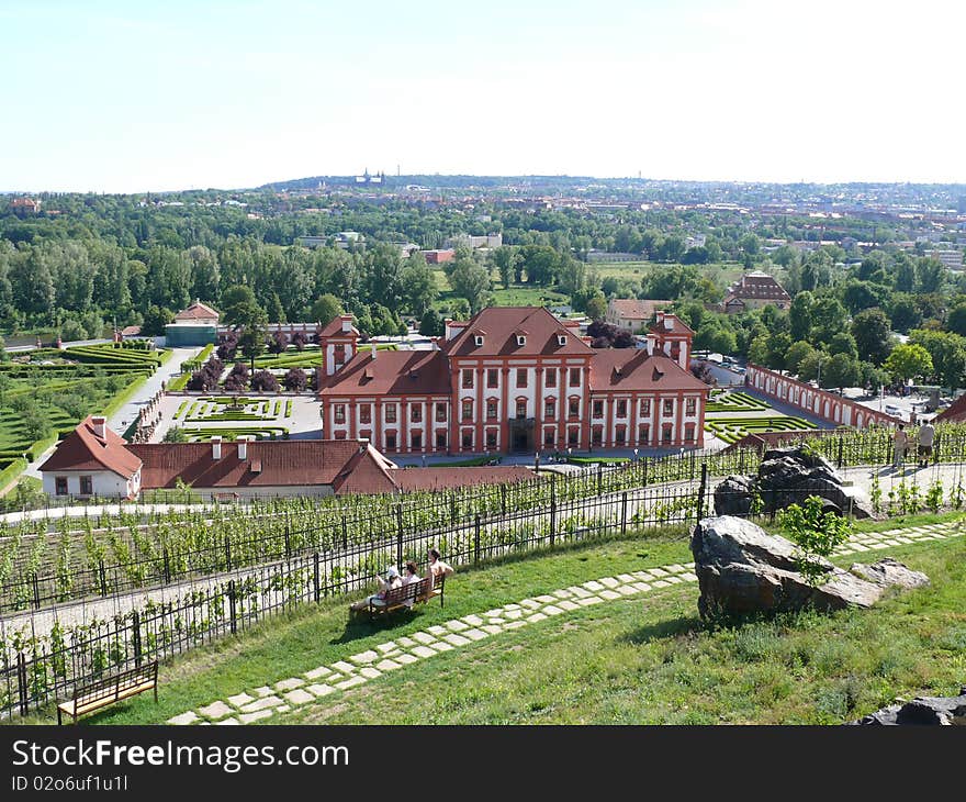 Troja Castle, overview, background is Prague. Troja Castle, overview, background is Prague