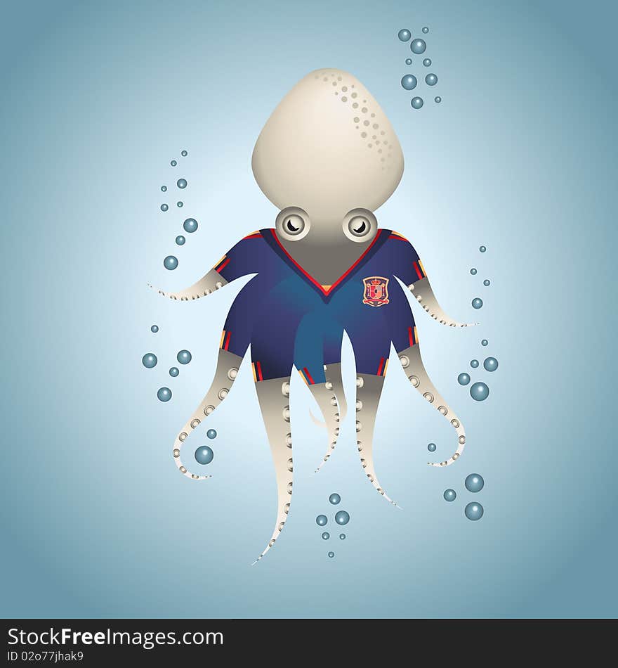 Octopus with spain football shirt in color blue under the sea swim with bubbles. Octopus with spain football shirt in color blue under the sea swim with bubbles