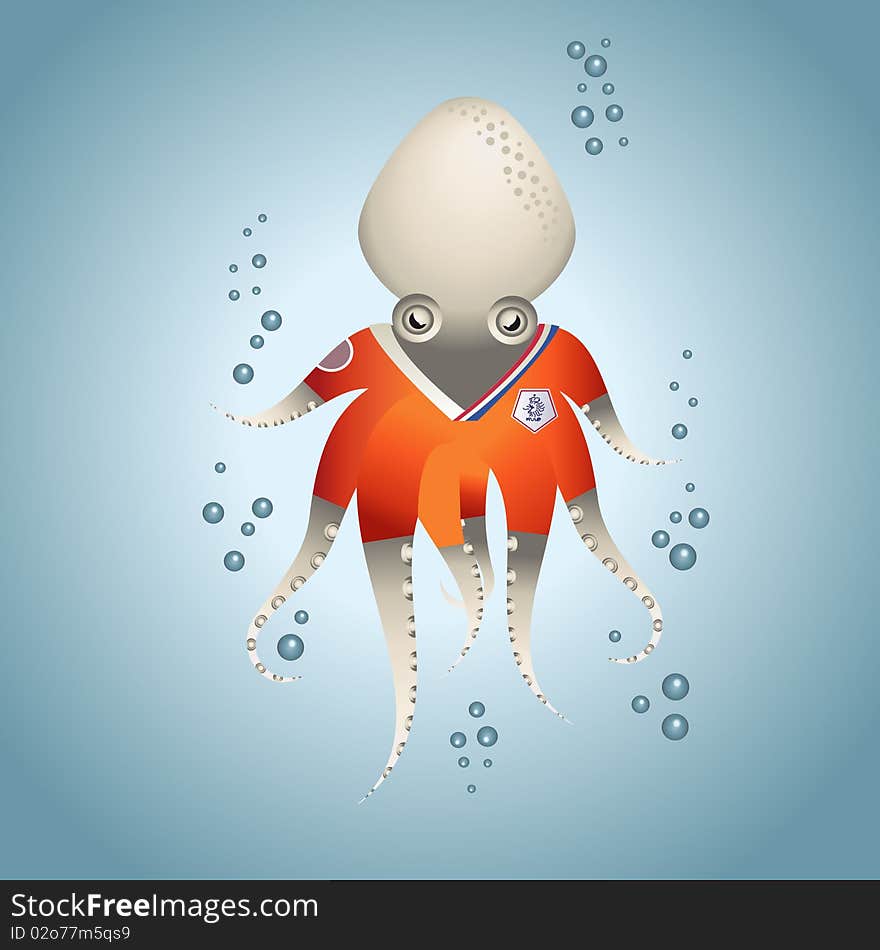 Octopus with Holland football shirt under the sea swim with bubbles. Octopus with Holland football shirt under the sea swim with bubbles