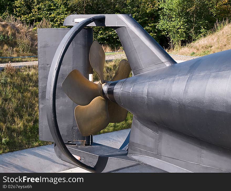 Navy Submarine in close view from the back propeller. Navy Submarine in close view from the back propeller