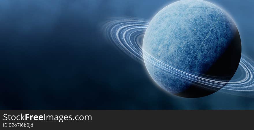 A frozen ice planet with rings against a cloudy sky background, panorama. A frozen ice planet with rings against a cloudy sky background, panorama.