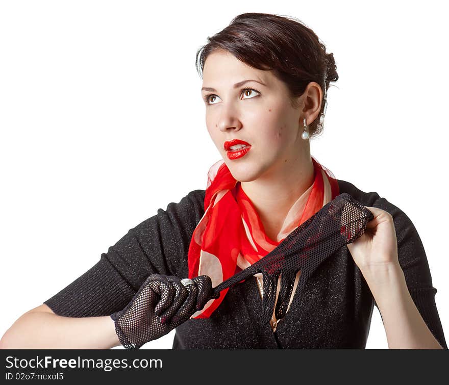 The young woman pulling a glove. The young woman pulling a glove