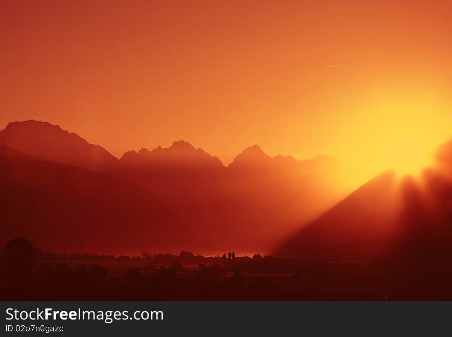 Alpine sunrise in tyrol, in middle of the herat of austria.