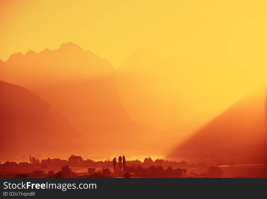 Alpine sunrise in tyrol, in middle of the herat of austria.