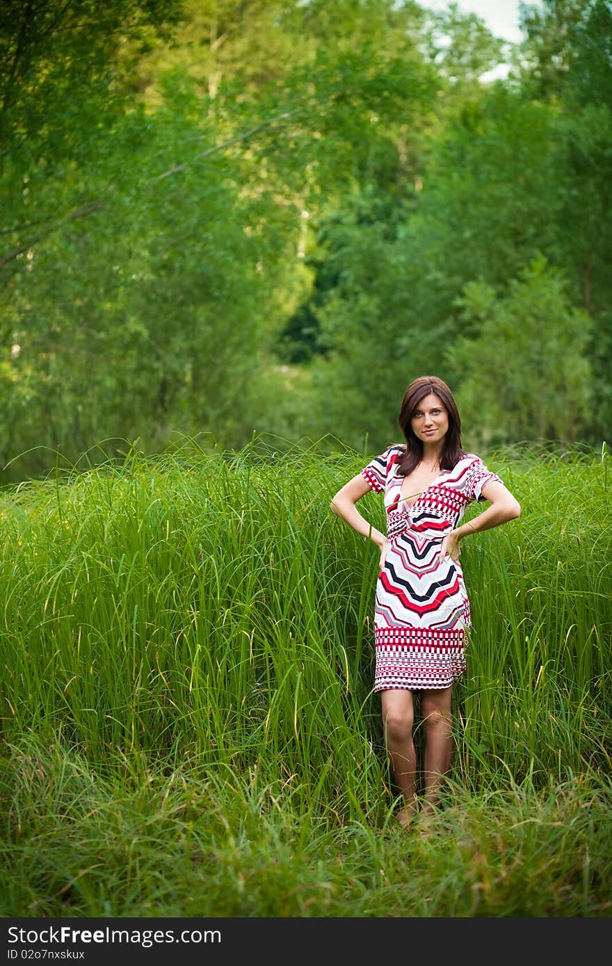 Beautiful Brunette Girl In Dress In Park