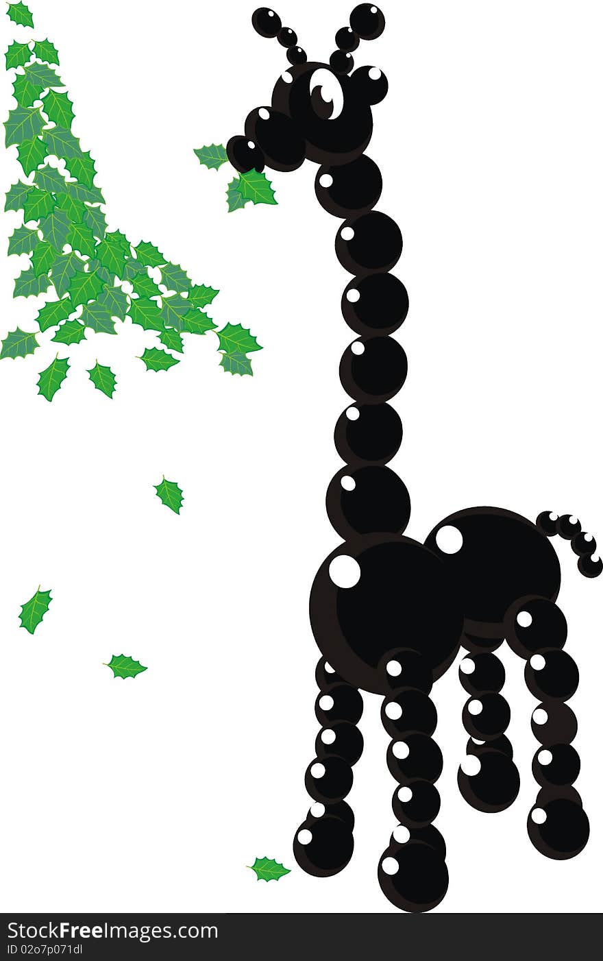 Black beads giraffe and green leaves - isolated vector illustration