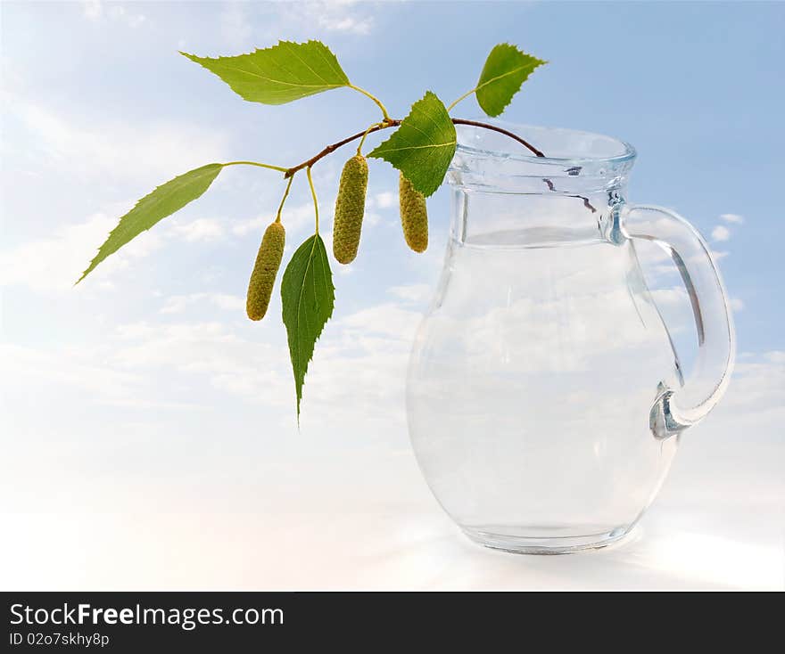 Branch of a birch in a jug with water on a background of the sky. Branch of a birch in a jug with water on a background of the sky.