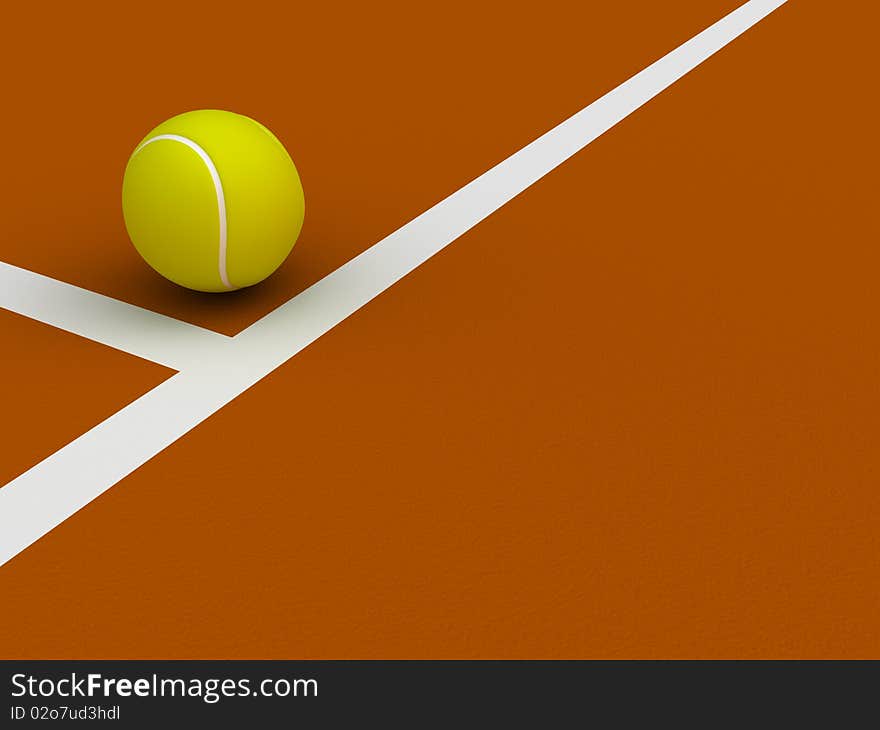 A render of a tennis ball on the ground near the court lines