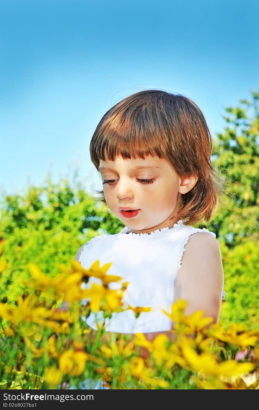 Little girl (3 years old) with flowers in garden. Little girl (3 years old) with flowers in garden