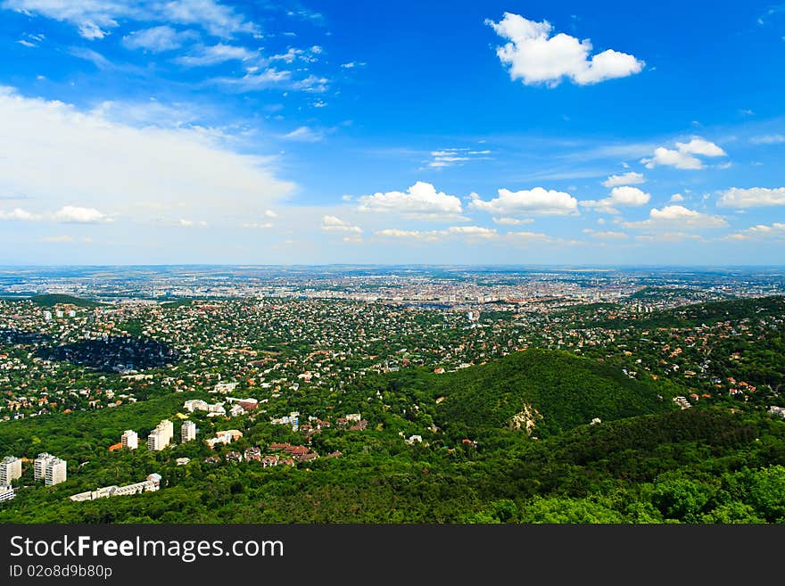 Green forest, big town and blue sky. Green forest, big town and blue sky