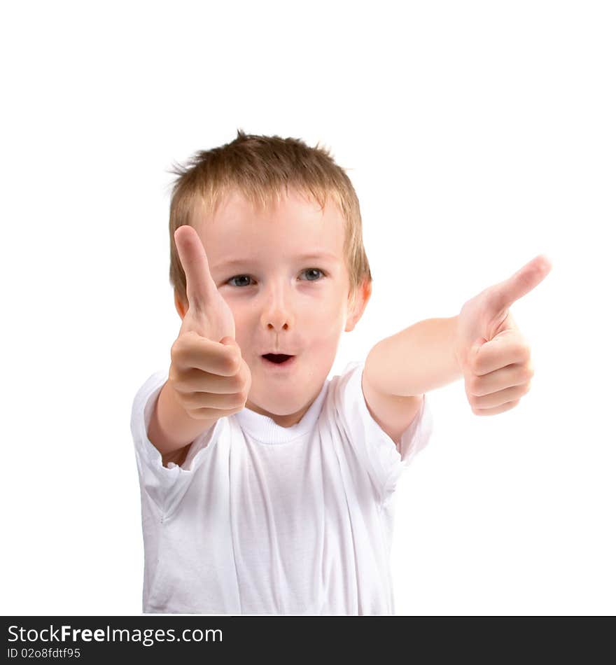 Two thumb up, portrait of  boy on a white background