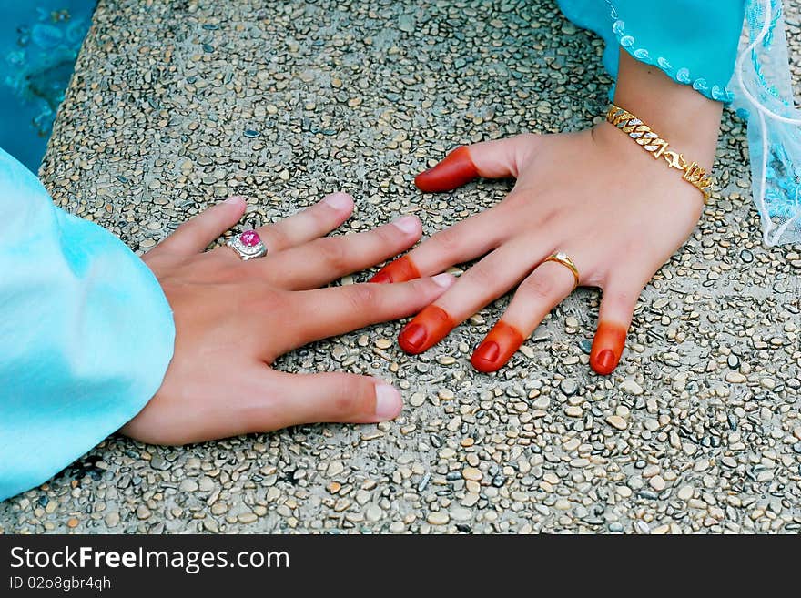 Two hand bride with rings in wedding day