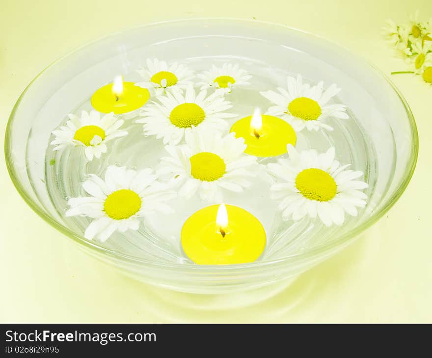 Spa lit candles daisy flowers health-care treatment. Spa lit candles daisy flowers health-care treatment