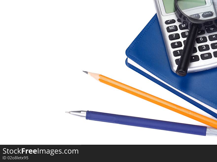 Notepad and school accessory on white