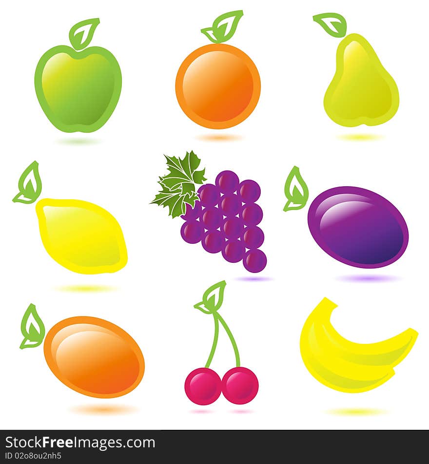 Illustration, nine miscellaneouses fruit on white background. Illustration, nine miscellaneouses fruit on white background