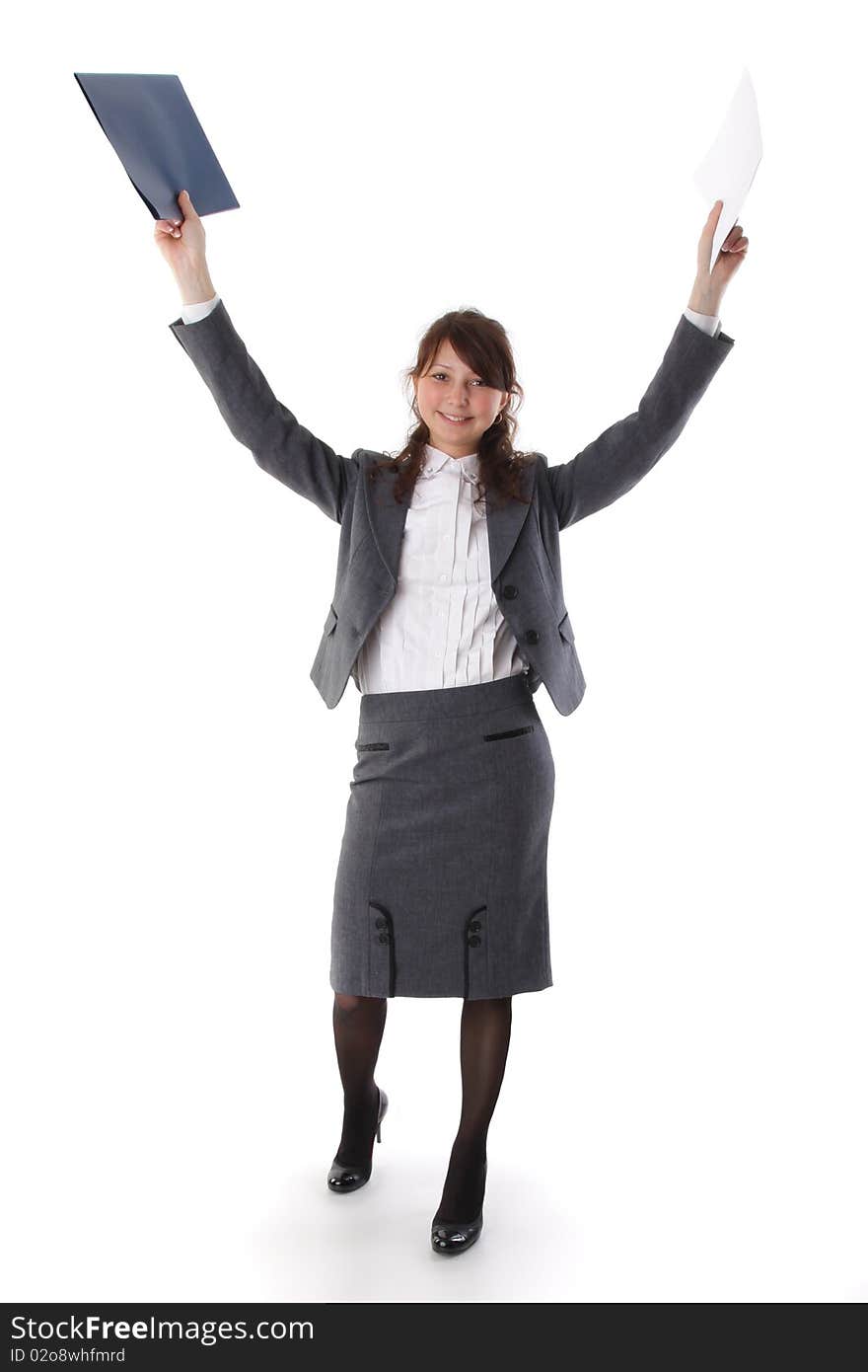 Pretty joy business woman celebrating success over white background. Pretty joy business woman celebrating success over white background