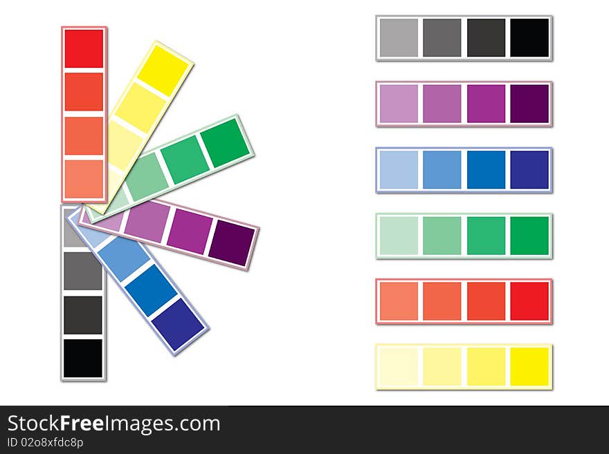 A  illustration of a palette of colors arranged in a row and another in a circle. A  illustration of a palette of colors arranged in a row and another in a circle