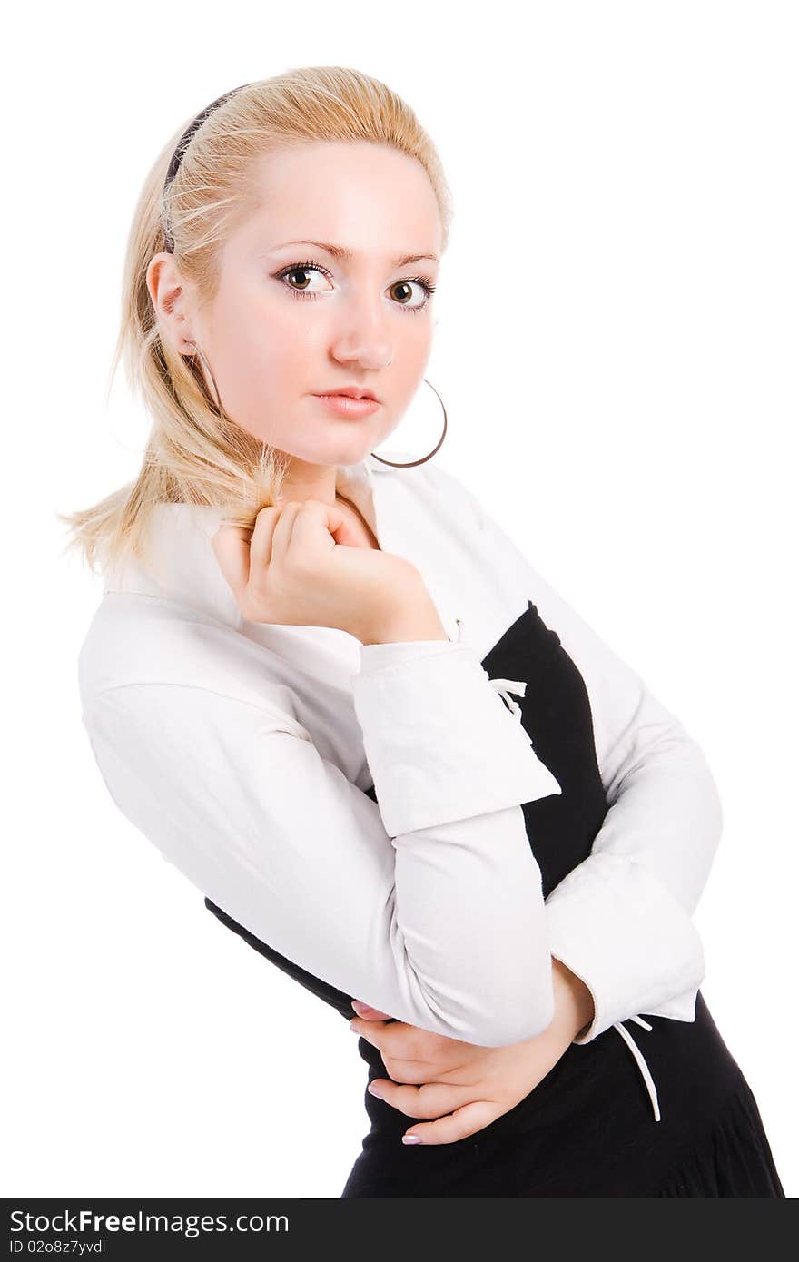 Young blonde in a blouse with on white background