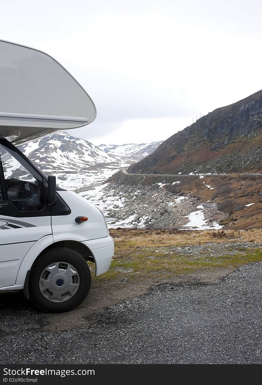 A modern motorhome on trip in norwegian mountains. A modern motorhome on trip in norwegian mountains