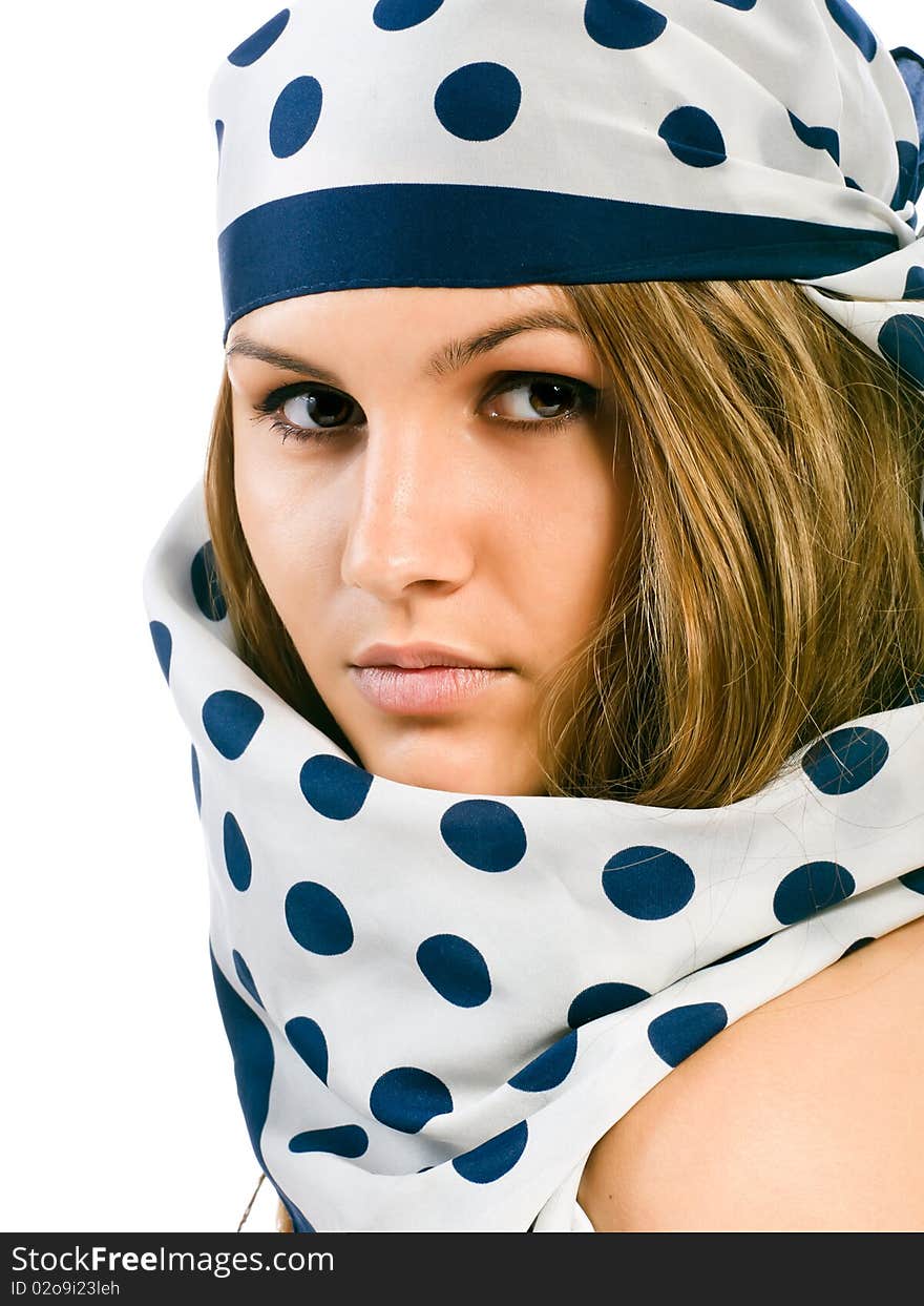 Beauty young girl in blue polka dot kerchief. Beauty young girl in blue polka dot kerchief