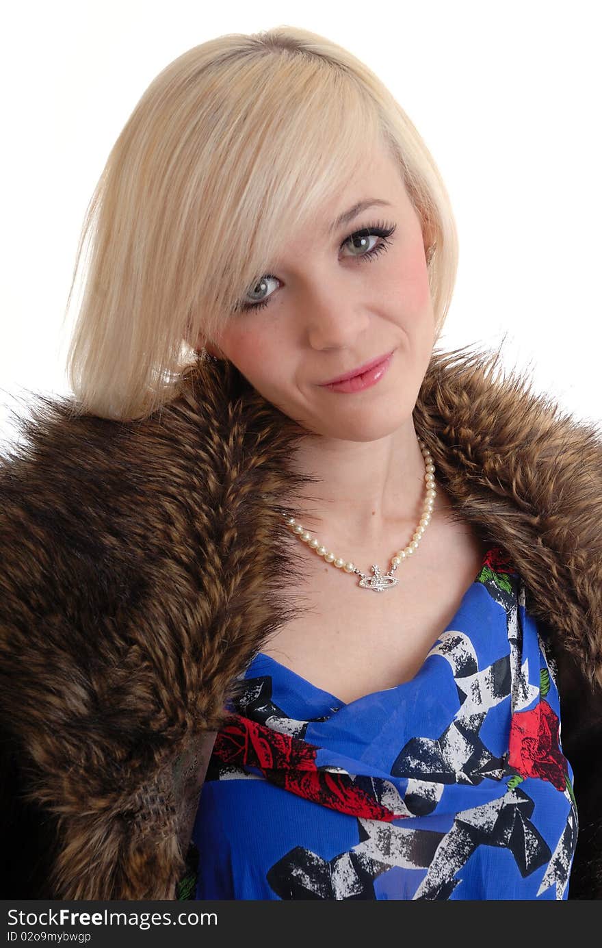 Pretty Smiling Blond Wearing Fur Coat