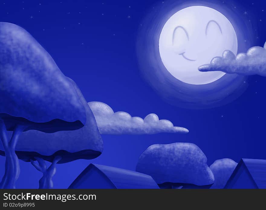 This is an illustration of a night sky where a bright little moon is beaming over a neighborhood. This is an illustration of a night sky where a bright little moon is beaming over a neighborhood