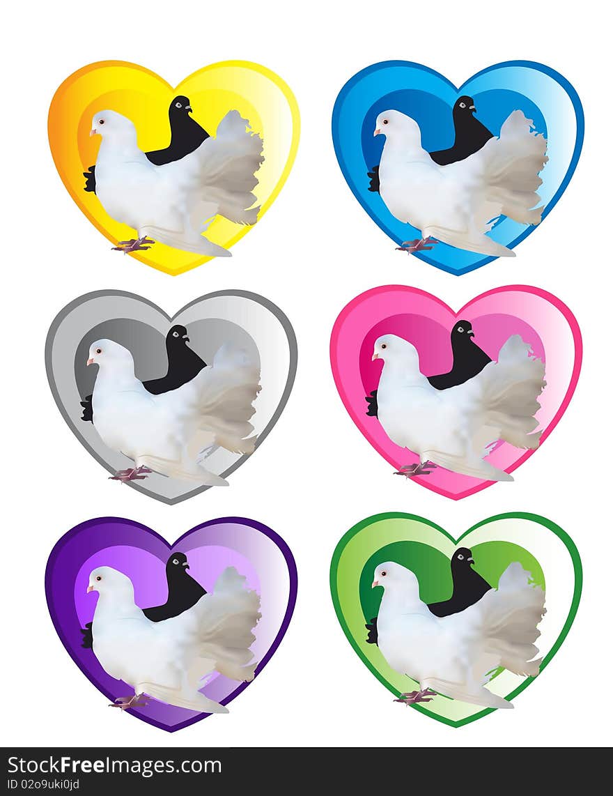 Two doves on the background of multi-colored hearts