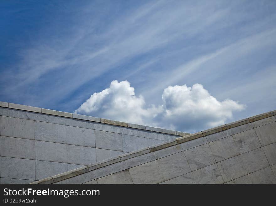 View of stone handrails of ladder on Patriarchal bridge in Moscow, Russia. View of stone handrails of ladder on Patriarchal bridge in Moscow, Russia