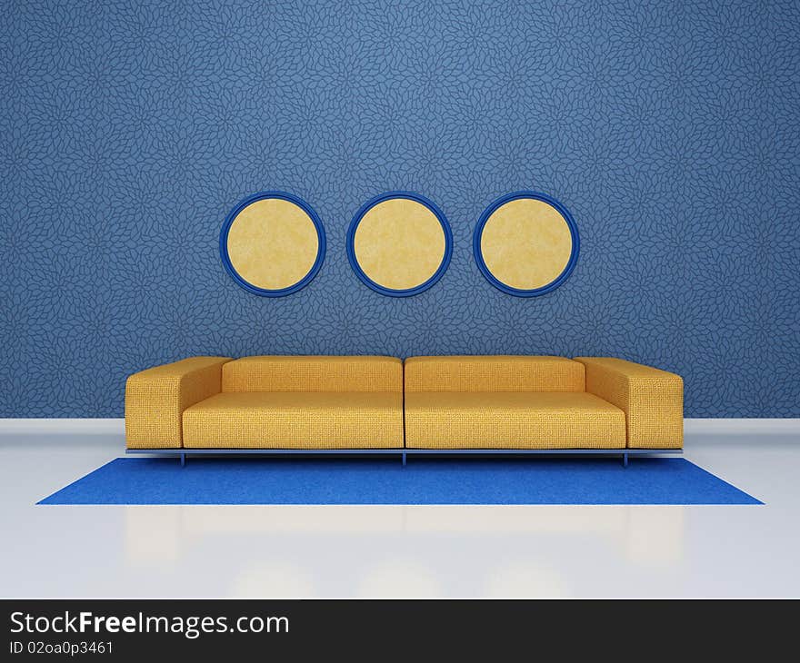 Yellow sofa stand against the blue wall.