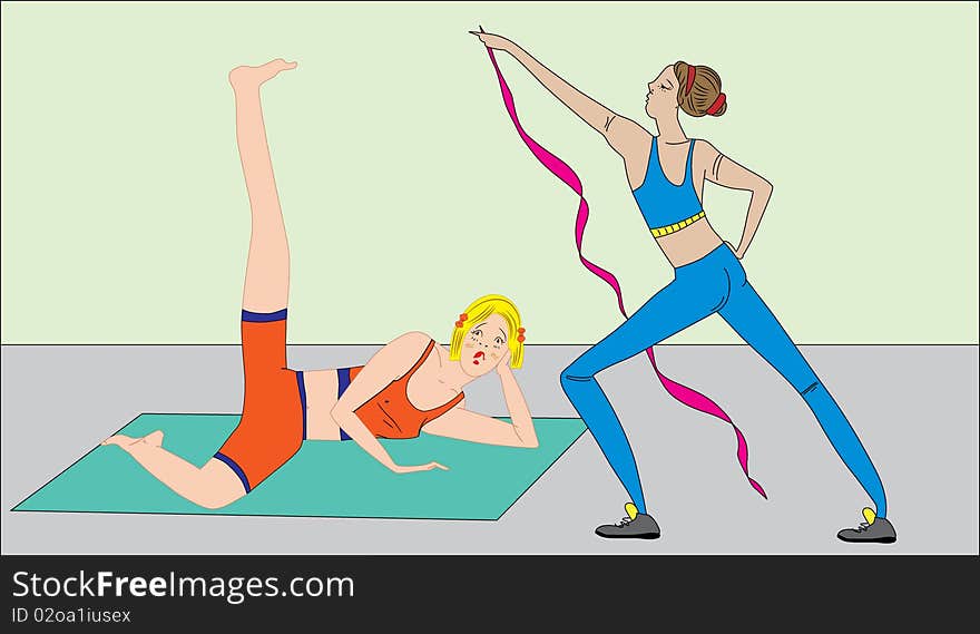 Hand-drawn illustration of young women exercising. Hand-drawn illustration of young women exercising.