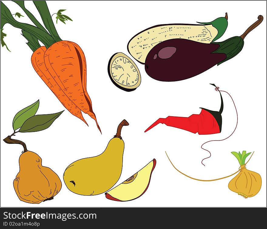 Hand-drawn illustration of two carrots,eggplants, pears,chilly paper and an onion. Hand-drawn illustration of two carrots,eggplants, pears,chilly paper and an onion.